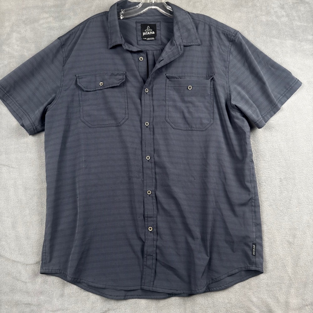 prAna Breathe Mens XL Gray Grid Short Sleeve Button Down Hiking Shirt RN124977